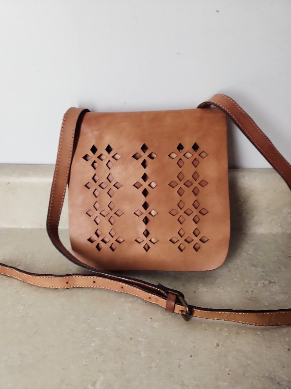 Patricia Nash Granada perforated Italian leather crossbody bag purse in a tan
